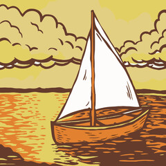 Illustration of a sailboat on the water under cloudy sky