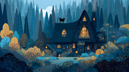 flat illustration of a witches cozy cottage deep