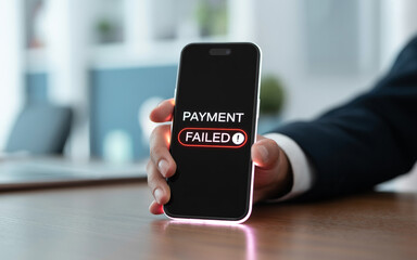 Businessman holding smartphone showing payment failed message