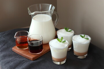Milk tea, tea syrup, and a jar of milk