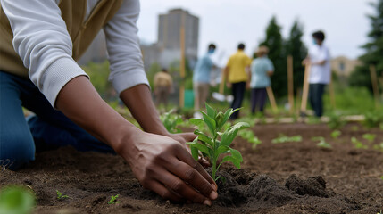 Person planting young seedlings in soil during a community gardening event.
