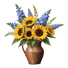 Obraz premium A vibrant arrangement of sunflowers and blue delphiniums in a rustic terracotta vase, on a white background. Warm, country style, cheerful, natural, and colorful with no shadows.