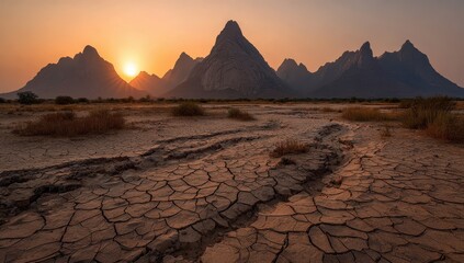 Sunrise over cracked, arid landscape