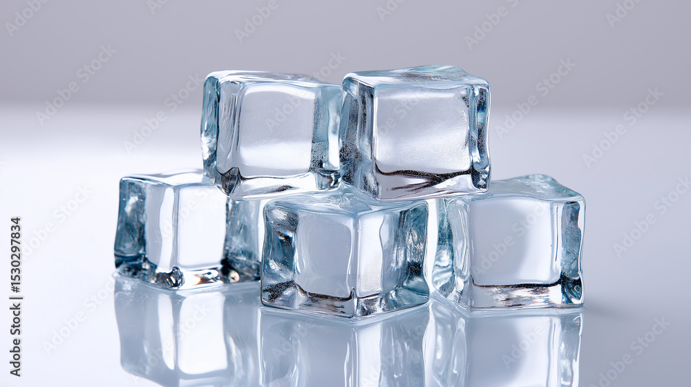 Poster stack of transparent ice cubes on a glossy surface.