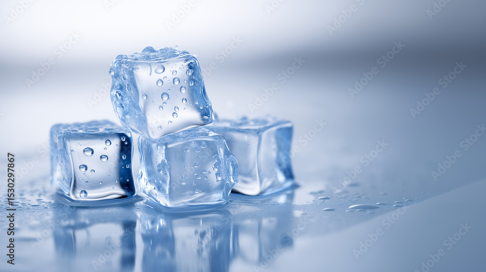 Poster stack of transparent ice cubes on a glossy surface.