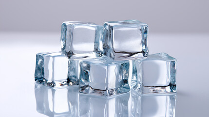 Stack of transparent ice cubes on a glossy surface.
