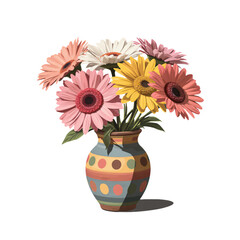 A colorful mix of gerbera daisies in a hand-painted clay vase with geometric patterns, on a white background. Artistic, cheerful, vibrant, creative, lively with no shadows.