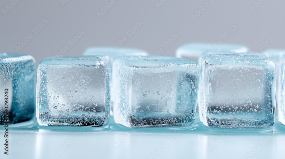 Poster stack of transparent ice cubes on a glossy surface.