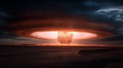 Gigantic explosion with glowing red mushroom cloud in dramatic skies.
