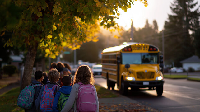 Group of students with backpacks waiting for school bus at sunrise.