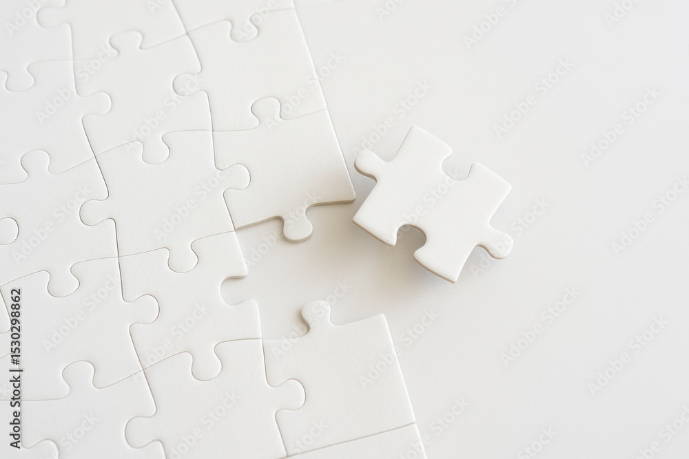Poster white puzzle pieces on a plain background with one piece detached representing solitude, solution, a