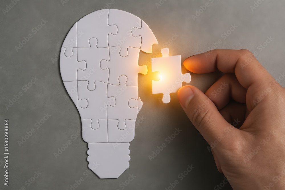 Poster puzzle piece fitting into light bulb shape representing ideas, creativity, and problem solving with 