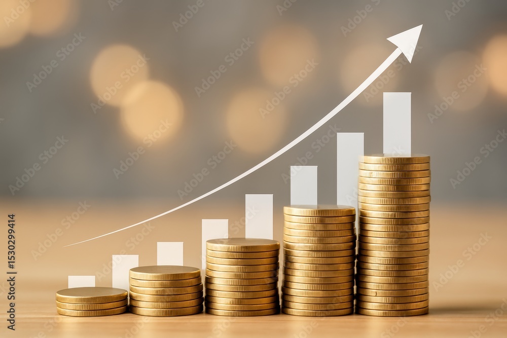 Poster stacked coins with graph overlay indicating financial growth and investment success in a blurred bac