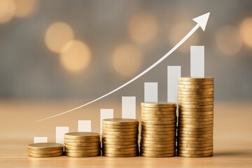 Stacked Coins with Graph Overlay Indicating Financial Growth and Investment Success in a Blurred Background of Soft Lights