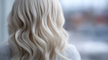 Naklejka premium Back view of a woman with wavy platinum blonde hair standing by a window. 