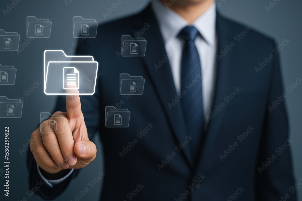 Poster businessman in suit interacting with digital folders and files, modern technology concept showcasing