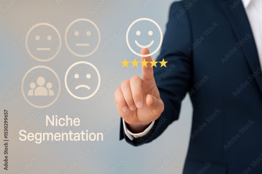 Aufkleber businessman using touchscreen to illustrate niche segmentation with positive customer feedback and r