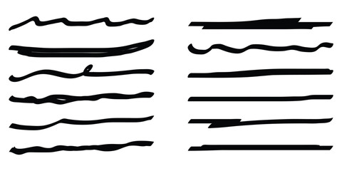 Set of abstract hand drawn lines, underline, highlight lines, underline strokes. Marker pen highlight underline strokes. Highlighter pen scribbles and strokes.