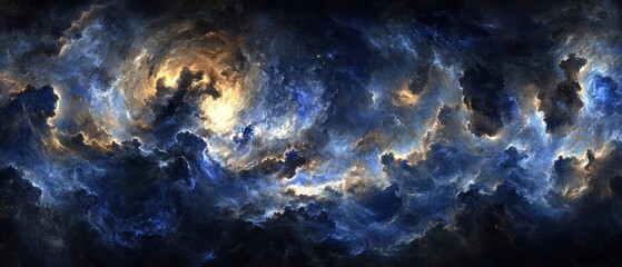 Fototapeta premium A swirling, abstract nebula with shades of dark blue, grey, and gold. The image evokes a sense of cosmic depth and movement