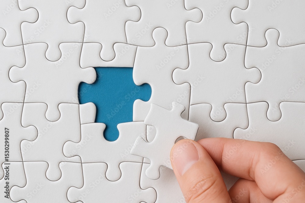 Poster close-up image of a hand placing a white puzzle piece into a missing spot on a white background with