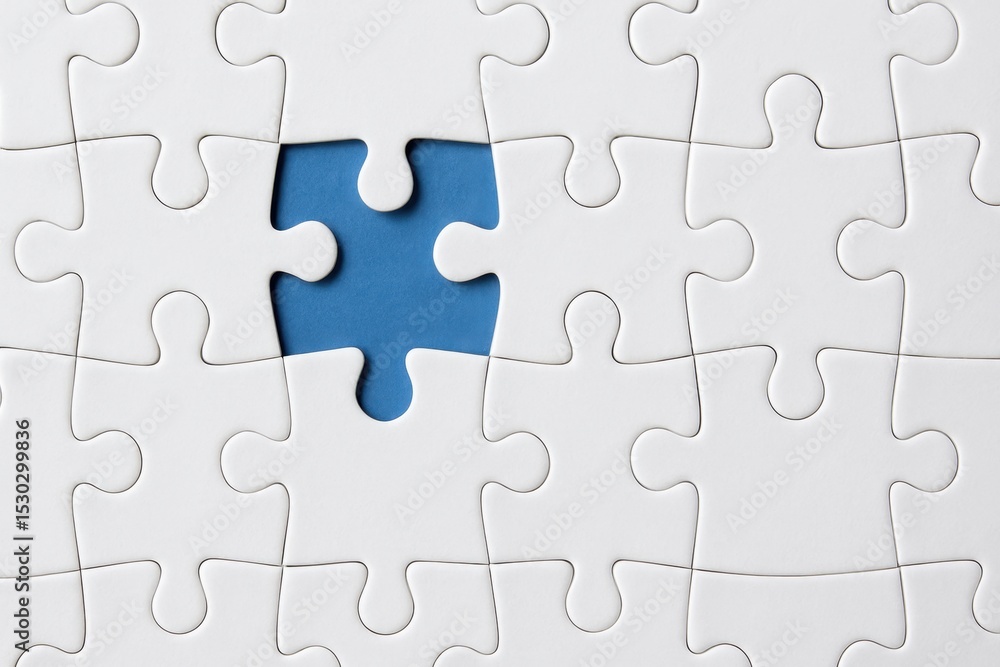Poster missing puzzle piece in white jigsaw background highlighting the importance of completion and proble