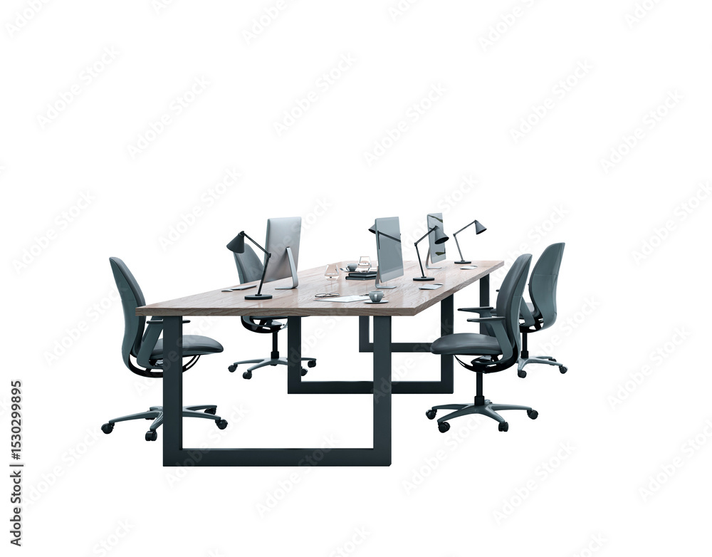 Fototapete Modern office workspace desk setup with computers, chairs, and lamps isolated on transparent background for design and layout use. 3D Rendering