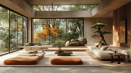 Fototapeta premium Modern minimalist living room with zen garden view.