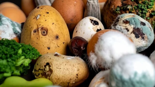 Close-up on assorted spoiled and moldy food including eggs, potatoes, and dried apricots, showcasing decay and decomposition.