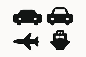 Simple Transportation Icons Car, Airplane, and Ship Silhouettes