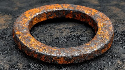 Rusted metal ring on a dark surface.