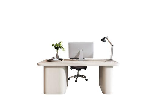 Modern minimalist office desk with computer, lamp, and decor on clean white background, isolated for business workspace design concepts. 3D Rendering