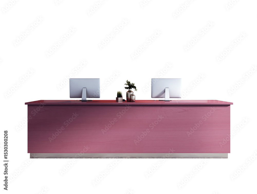 Aufkleber modern pink reception desk with dual monitors and plants on white background, clean and minimal offi