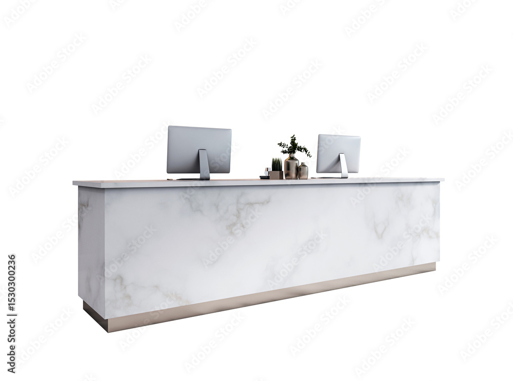 Poster Modern luxury marble office reception desk with desktop computers and decor on white background. Clean workspace concept layout template cutout. 3D Rendering