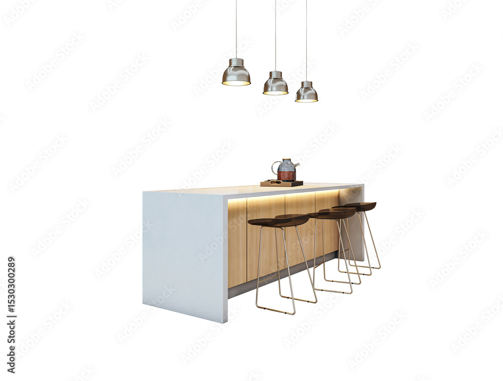 Poster modern kitchen island with bar stools and pendant lights on white background, ideal layout element f