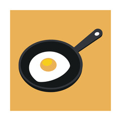 Simple vector illustration of a fried egg in a black frying pan on a golden yellow background