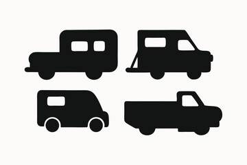 Collection of Simple Black Silhouette Vehicle Icons Truck, Van, SUV and Pickup