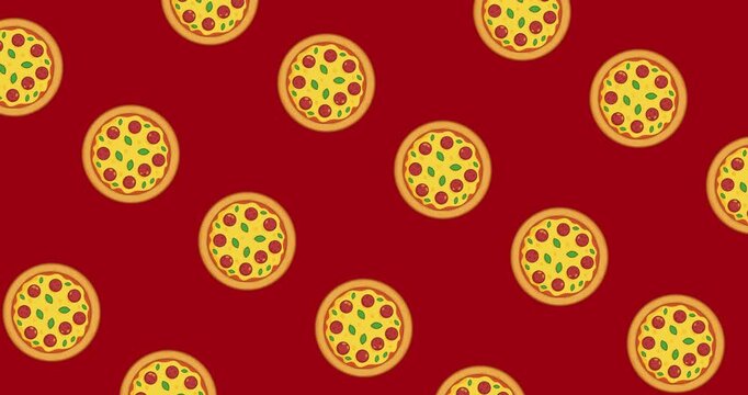 
Continuous looping video animation featuring multiple rotating round pizza illustrations moving in an intertwined manner on a red background