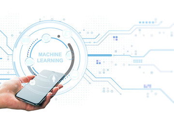 Smartphone in hand with futuristic machine learning interface and digital AI technology background...
