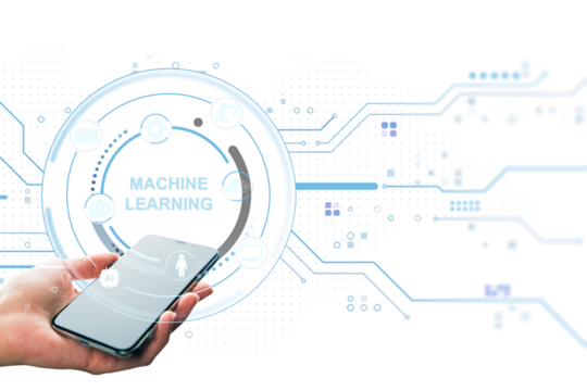 Smartphone in hand with futuristic machine learning interface and digital AI technology background on white for innovation and business concept. 