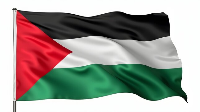 Photorealistic Palestinian flag with red triangle and black, white, green horizontal stripes. Realistic folds, textile texture, and isolated on white background.