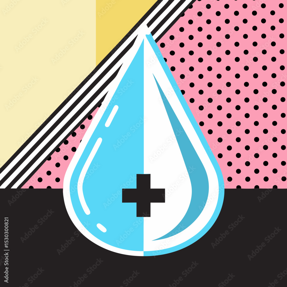 Poster stylized water drop with plus sign on patterned backdrop