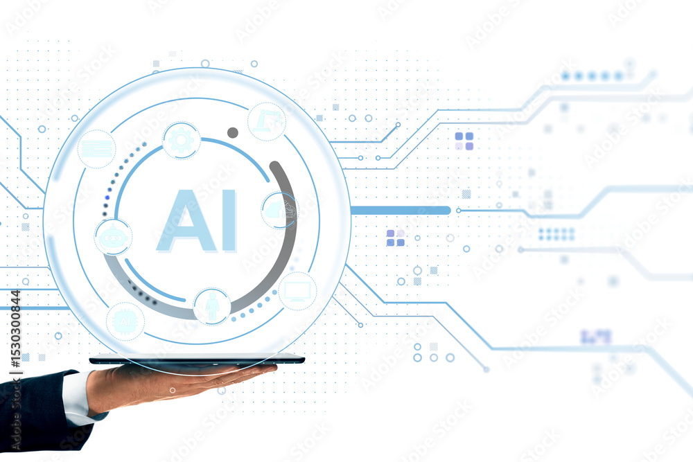 Poster Artificial intelligence technology interface hovering above digital tablet held by hand on futuristic white background with circuit layout. 