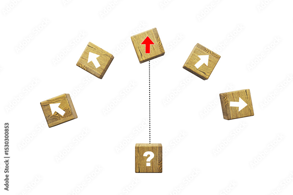 Poster Wooden blocks with directional arrows and question mark symbolizing decision-making and upward growth on clean transparent background layout. 3D Rendering
