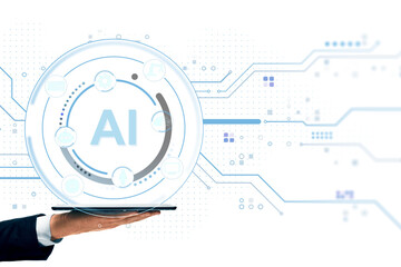 Artificial intelligence technology interface hovering above digital tablet held by hand on...