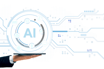 Artificial intelligence technology interface hovering above digital tablet held by hand on futuristic white background with circuit layout. 