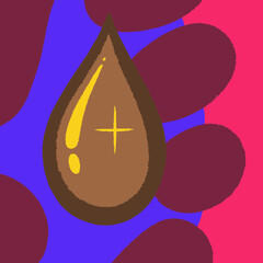 Stylized brown droplet with golden accents on blob background