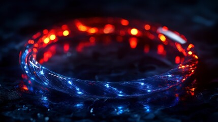 Abstract glowing blue and red light ring on dark background.