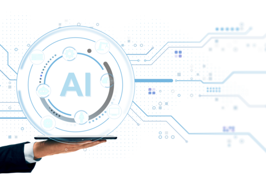 Artificial intelligence technology interface hovering above digital tablet held by hand on futuristic white background with circuit layout.  - Powered by Adobe