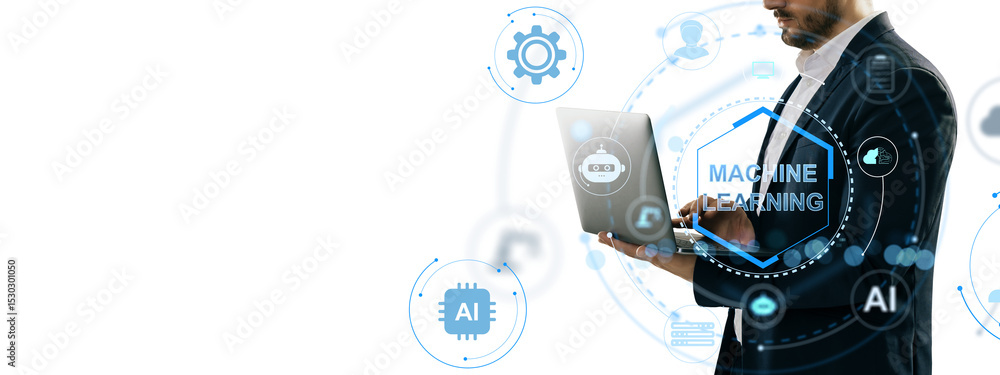 Aufkleber Businessman using laptop with artificial intelligence and machine learning interface on futuristic transparent background for tech concept. 