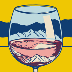 Wine glass with mountain landscape inside on yellow background